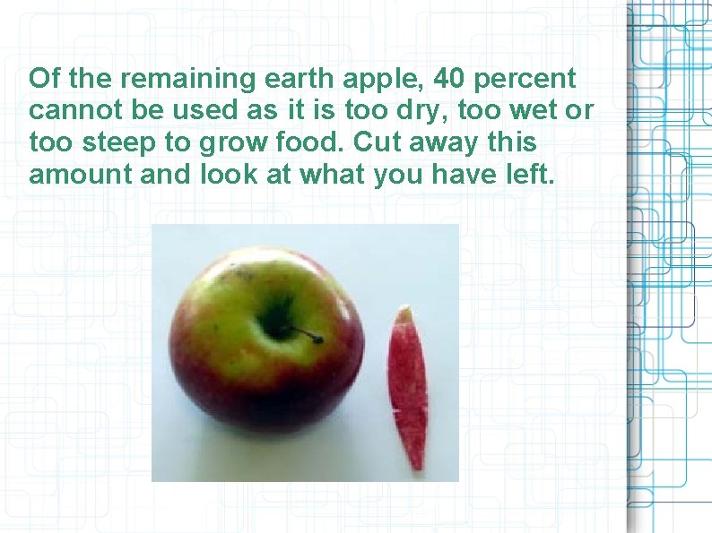 Of the remaining earth apple, 40 percent cannot be used as it is too Of the remaining earth apple, 40 percent cannot be used as it is too
