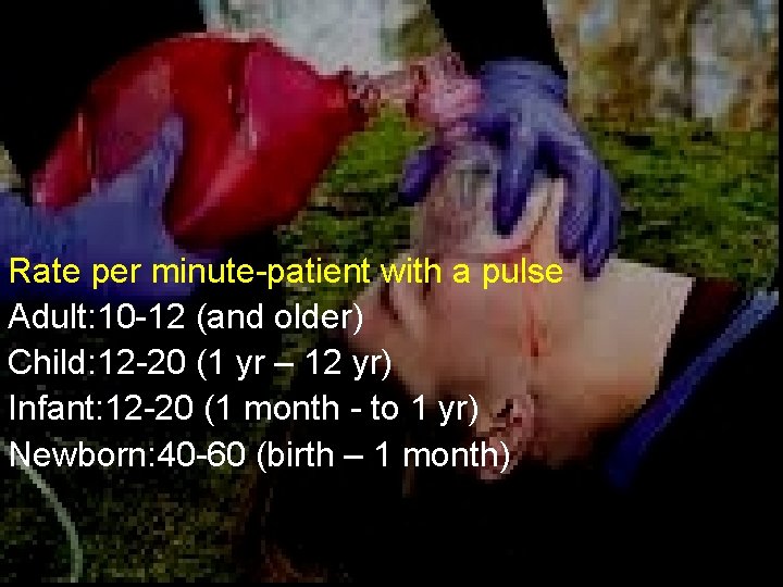 Rate per minute-patient with a pulse Adult: 10 -12 (and older) Child: 12 -20