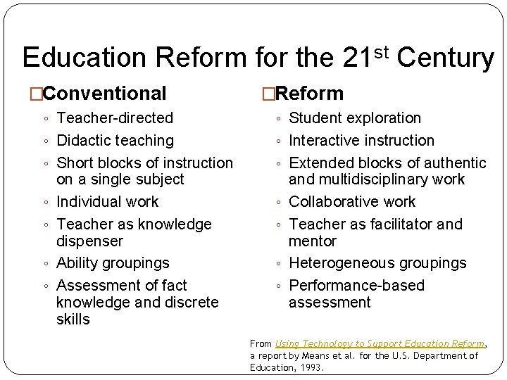 Education Reform for the 21 st Century �Conventional �Reform ◦ Teacher-directed ◦ Student exploration