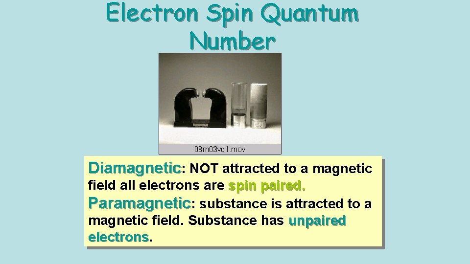 Electron Spin Quantum Number Diamagnetic: NOT attracted to a magnetic field all electrons are