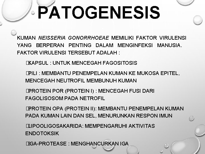 PATOGENESIS KUMAN NEISSERIA GONORRHOEAE MEMILIKI FAKTOR VIRULENSI YANG BERPERAN PENTING DALAM MENGINFEKSI MANUSIA. FAKTOR