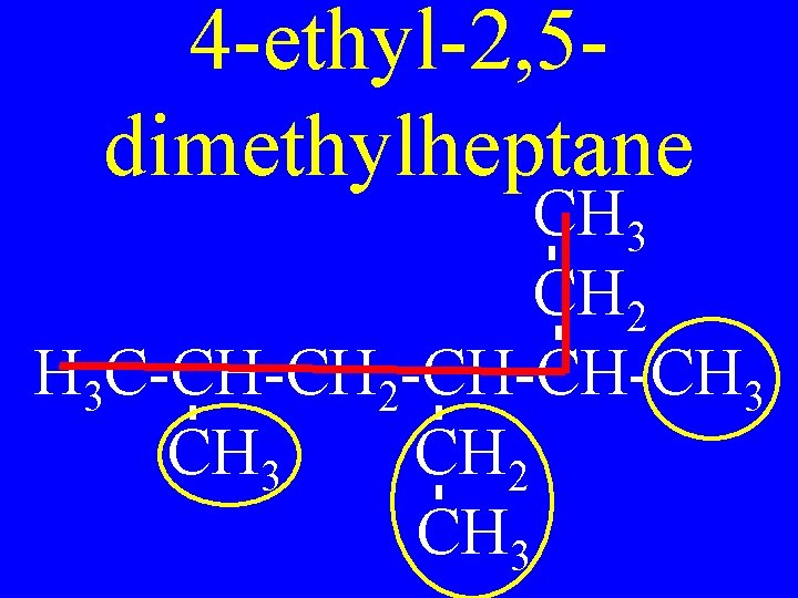 4 -ethyl-2, 5 dimethylheptane CH 3 CH 2 H 3 C-CH-CH 2 -CH-CH-CH 3