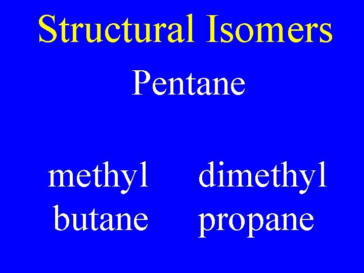 Structural Isomers Pentane methyl butane dimethyl propane 
