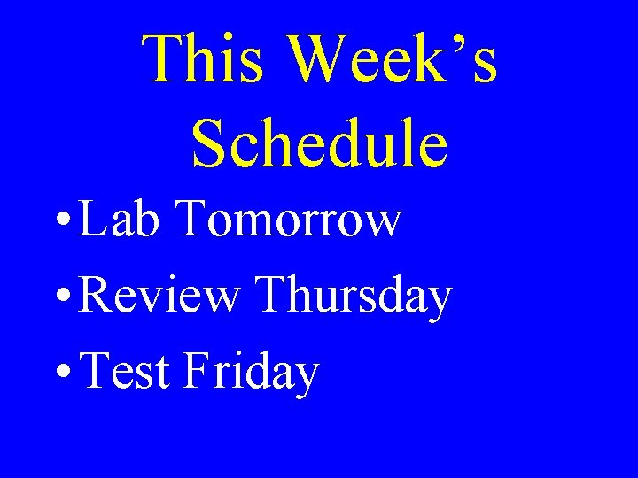 This Week’s Schedule • Lab Tomorrow • Review Thursday • Test Friday 