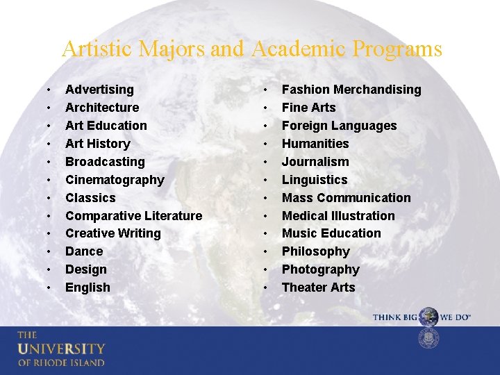 Artistic Majors and Academic Programs • • • Advertising Architecture Art Education Art History
