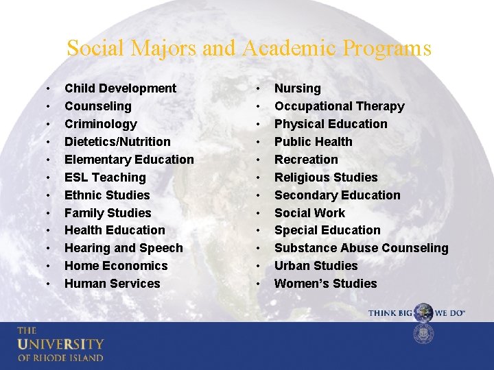 Social Majors and Academic Programs • • • Child Development Counseling Criminology Dietetics/Nutrition Elementary