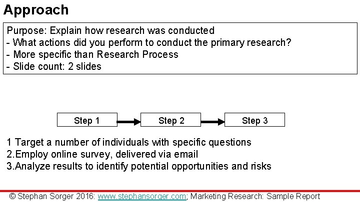 Approach Purpose: Explain how research was conducted - What actions did you perform to