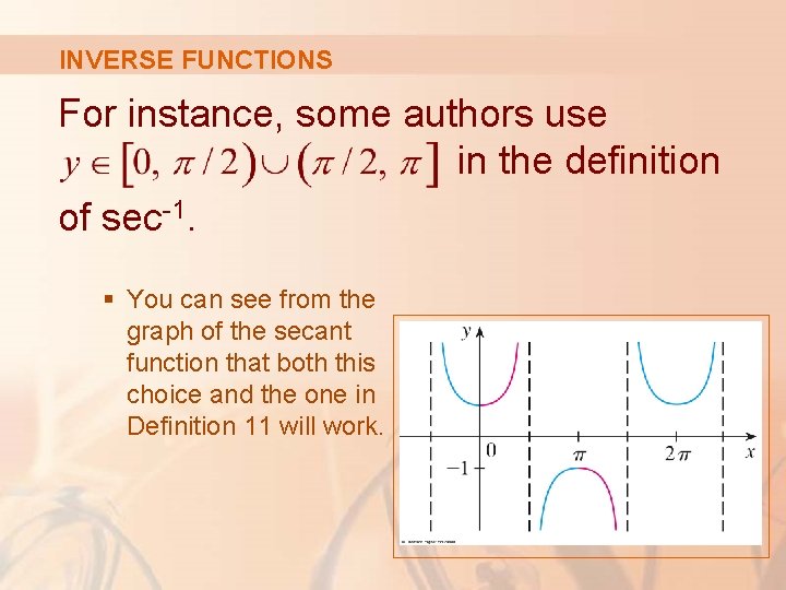 INVERSE FUNCTIONS For instance, some authors use in the definition of sec-1. § You