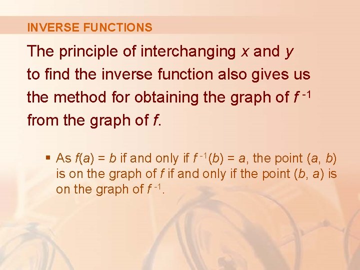 INVERSE FUNCTIONS The principle of interchanging x and y to find the inverse function