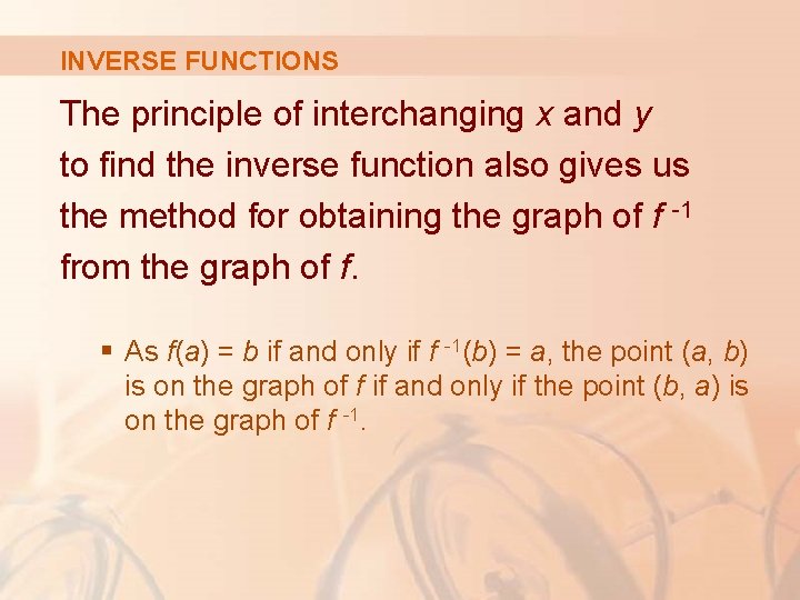 INVERSE FUNCTIONS The principle of interchanging x and y to find the inverse function