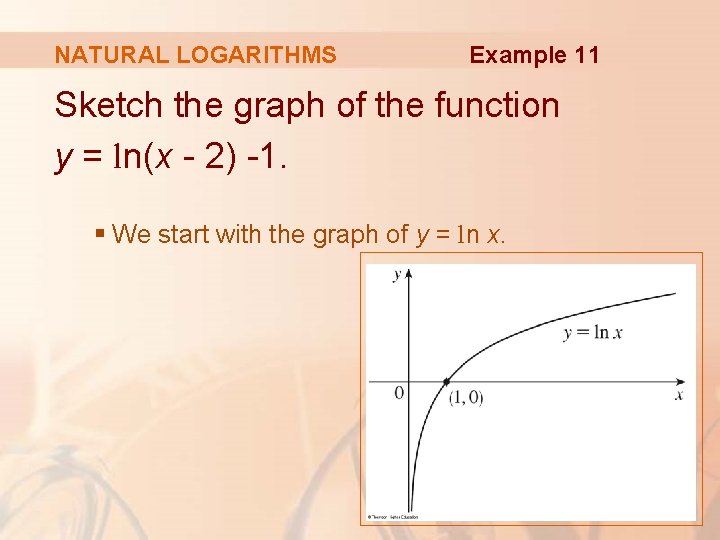 NATURAL LOGARITHMS Example 11 Sketch the graph of the function y = ln(x -