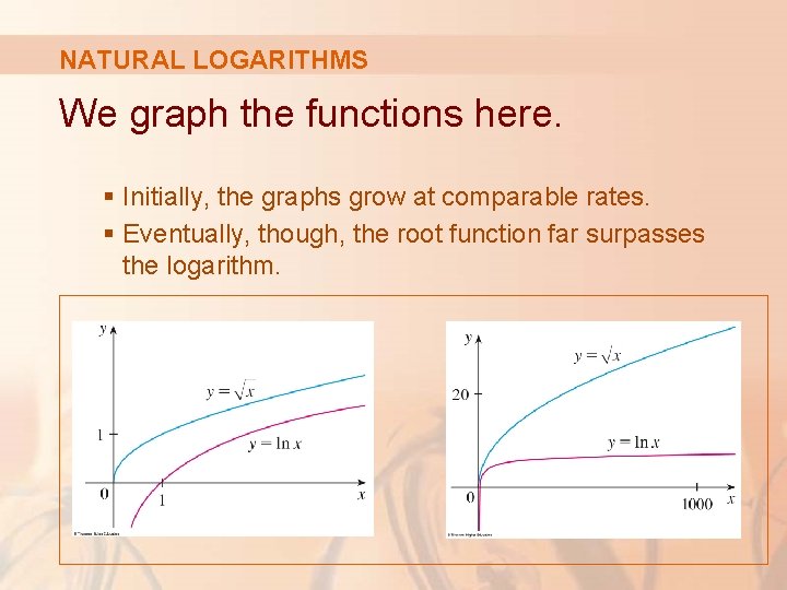 NATURAL LOGARITHMS We graph the functions here. § Initially, the graphs grow at comparable