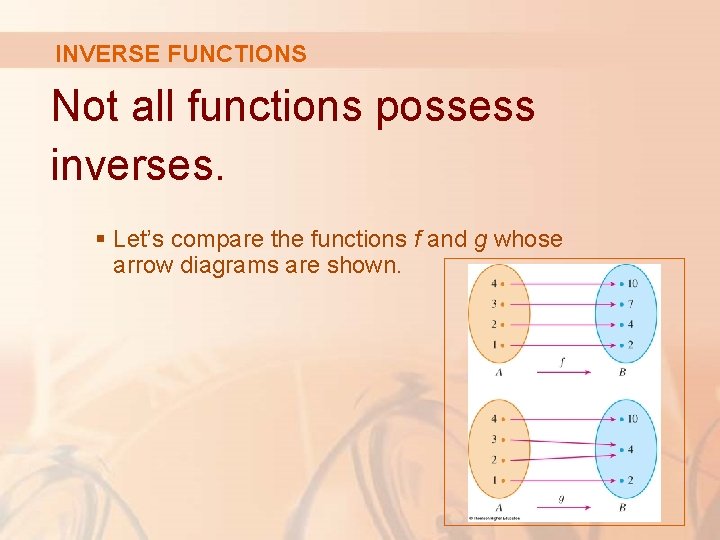 INVERSE FUNCTIONS Not all functions possess inverses. § Let’s compare the functions f and