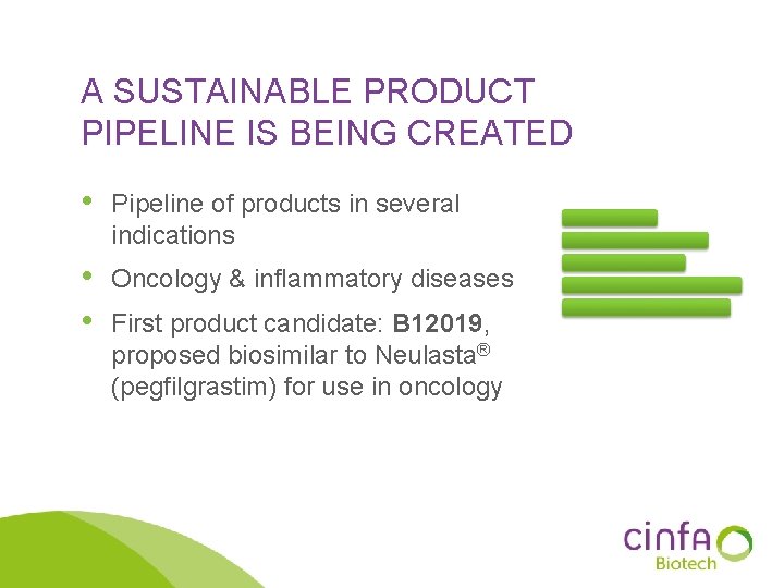 A SUSTAINABLE PRODUCT PIPELINE IS BEING CREATED • Pipeline of products in several indications