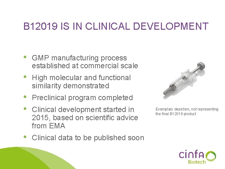 B 12019 IS IN CLINICAL DEVELOPMENT • GMP manufacturing process established at commercial scale