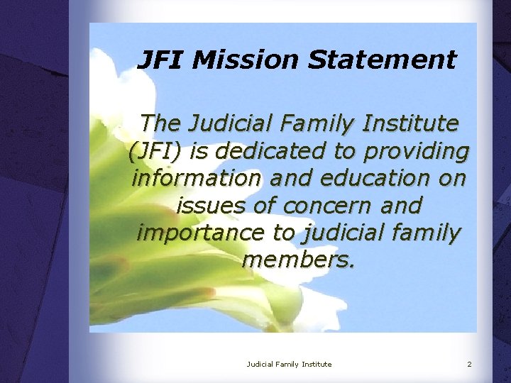 JFI Mission Statement The Judicial Family Institute (JFI) is dedicated to providing information and