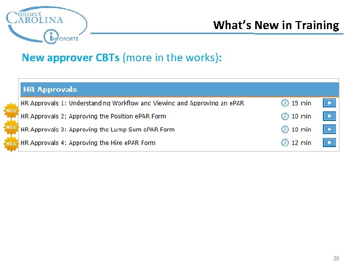 What’s New in Training New approver CBTs (more in the works): 28 