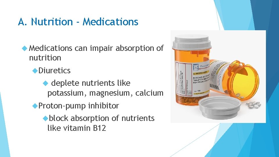 A. Nutrition ‐ Medications can impair absorption of nutrition Diuretics deplete nutrients like potassium,