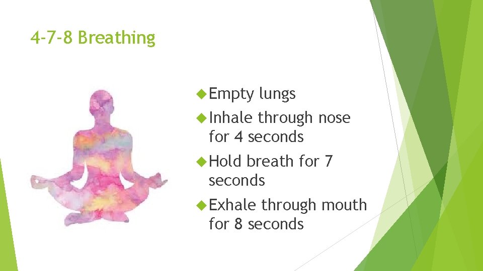 4‐ 7‐ 8 Breathing Empty lungs Inhale through nose for 4 seconds Hold breath