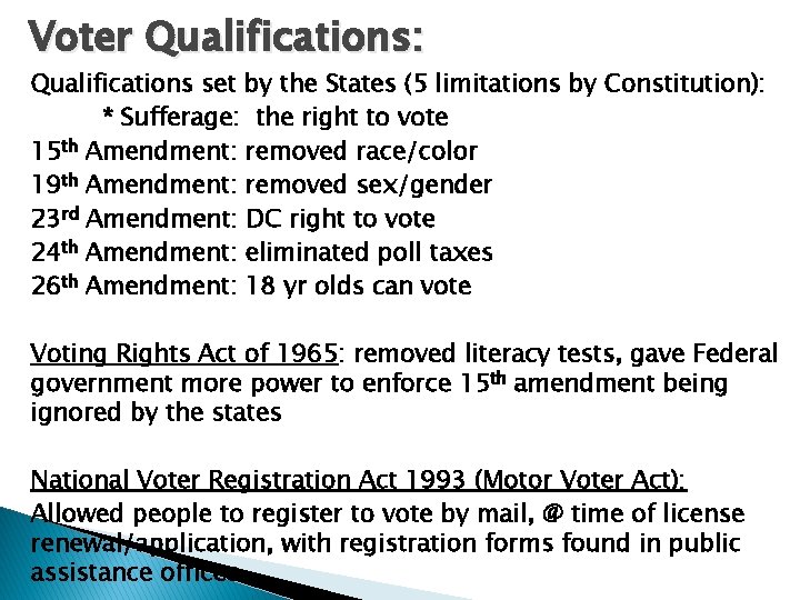 Voter Qualifications: Qualifications set by the States (5 limitations by Constitution): * Sufferage: the