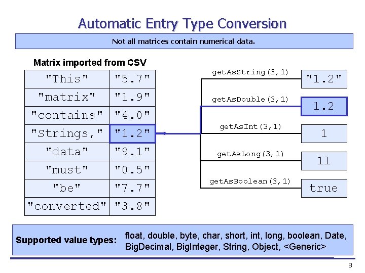 Automatic Entry Type Conversion Not all matrices contain numerical data. Matrix imported from CSV