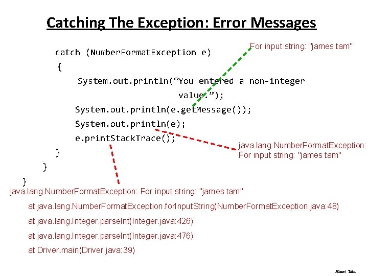 Catching The Exception: Error Messages For input string: "james tam" catch (Number. Format. Exception