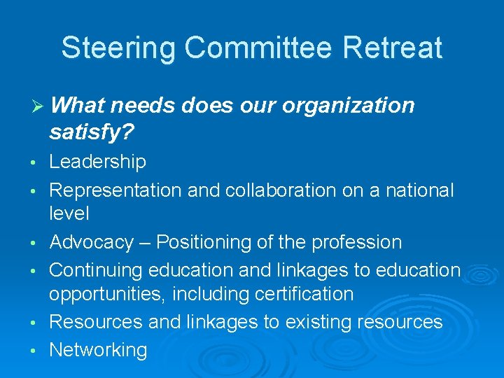 Steering Committee Retreat Ø What needs does our organization satisfy? • • • Leadership
