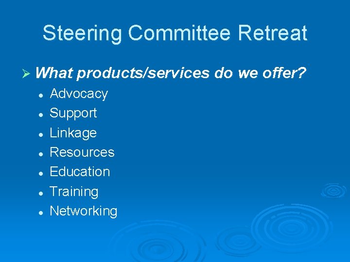 Steering Committee Retreat Ø What products/services do we offer? l l l l Advocacy