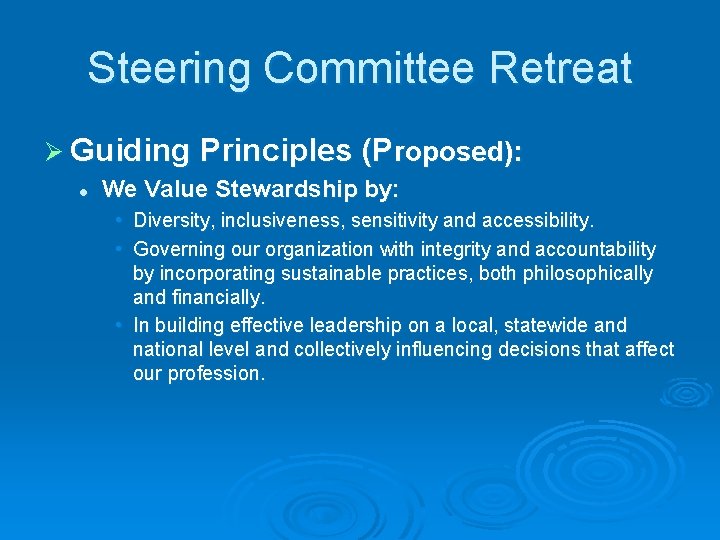 Steering Committee Retreat Ø Guiding Principles (Proposed): l We Value Stewardship by: • Diversity,