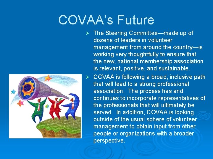 COVAA’s Future The Steering Committee—made up of dozens of leaders in volunteer management from