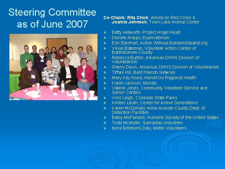 Steering Committee as of June 2007 Co-Chairs: Rita Chick, American Red Cross & Joanna