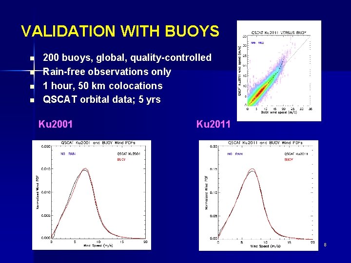 VALIDATION WITH BUOYS n n 200 buoys, global, quality-controlled Rain-free observations only 1 hour,