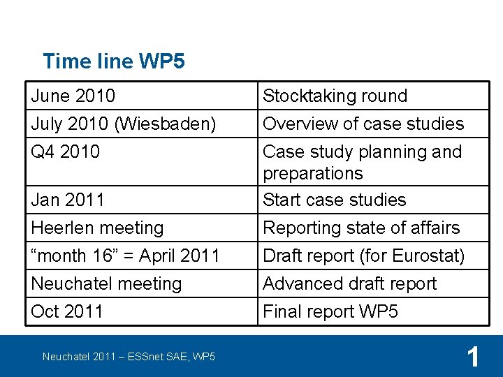 Time line WP 5 June 2010 Stocktaking round July 2010 (Wiesbaden) Overview of case