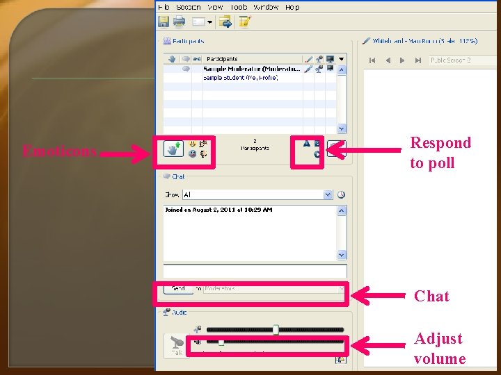 Emoticons Respond to poll Chat Adjust volume 