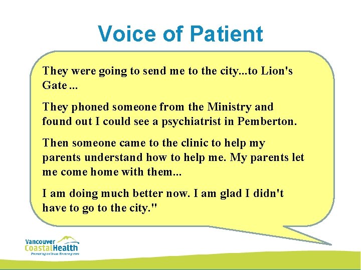 Voice of Patient They were going to send me to the city. . .