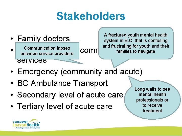 Stakeholders A fractured youth mental health system in B. C. that is confusing and