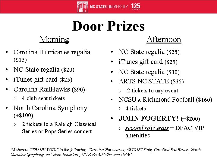 Door Prizes Morning • Carolina Hurricanes regalia ($15) • NC State regalia ($20) •