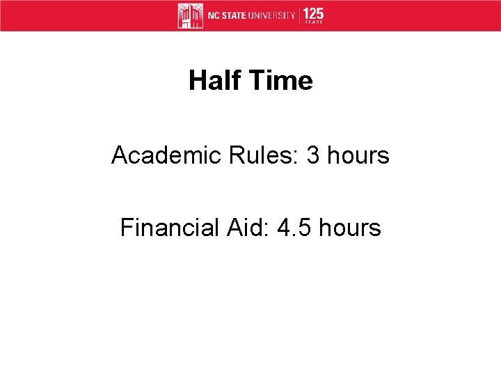 Half Time Academic Rules: 3 hours Financial Aid: 4. 5 hours 