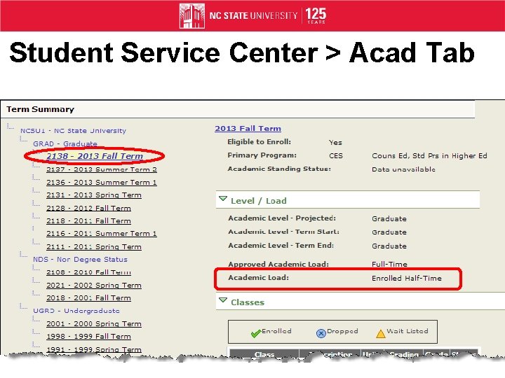 Student Service Center > Acad Tab 