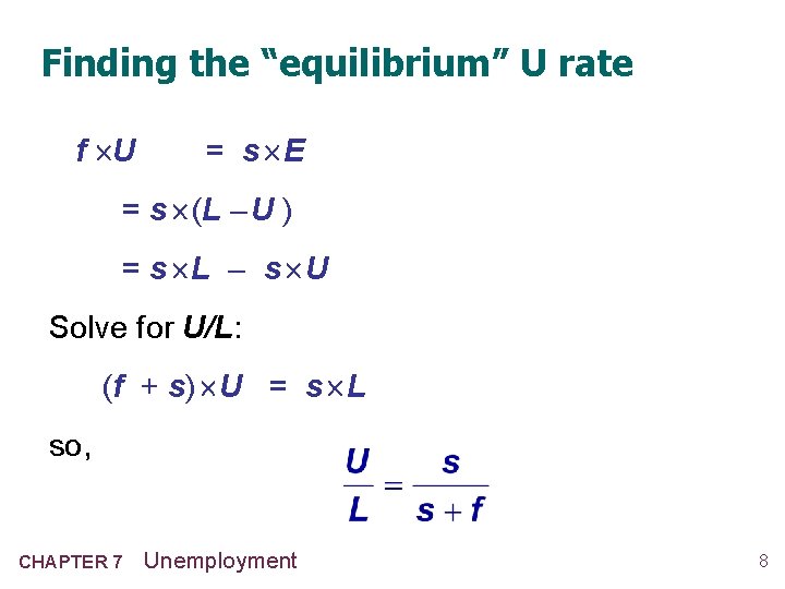 Finding the “equilibrium” U rate f U = s E = s (L –