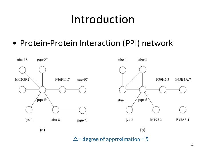 Introduction • Protein-Protein Interaction (PPI) network △= degree of approximation = 5 4 