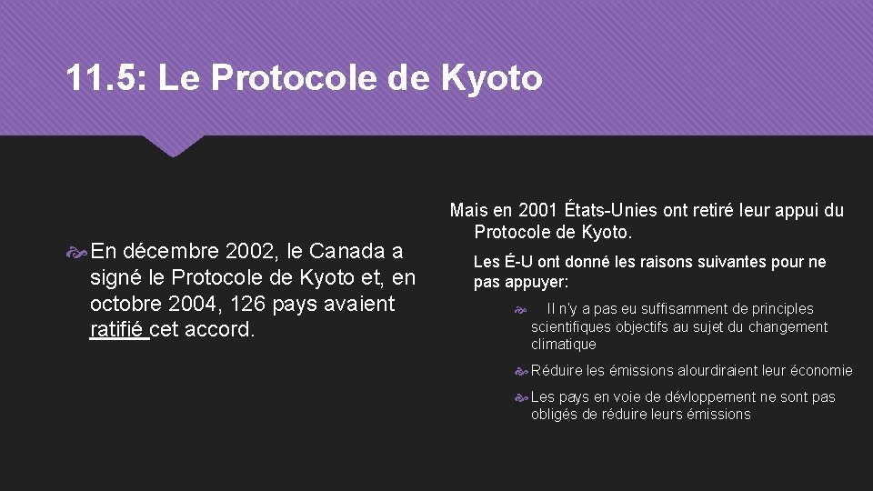 11. 5: Le Protocole de Kyoto En décembre 2002, le Canada a signé le