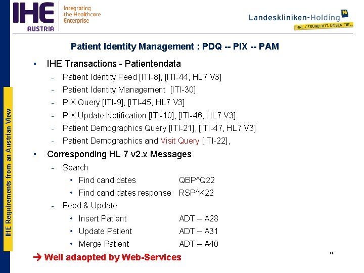 Patient Identity Management : PDQ -- PIX -- PAM IHE Requirements from an Austrian