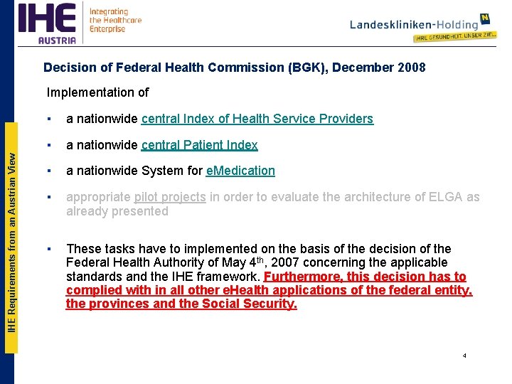 Decision of Federal Health Commission (BGK), December 2008 IHE Requirements from an Austrian View