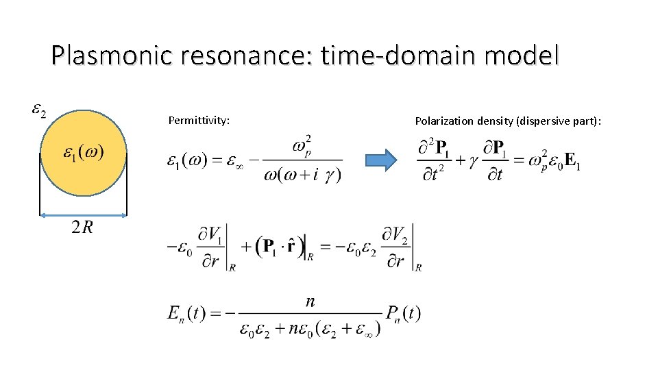 Plasmonic resonance: time-domain model Permittivity: Polarization density (dispersive part): 