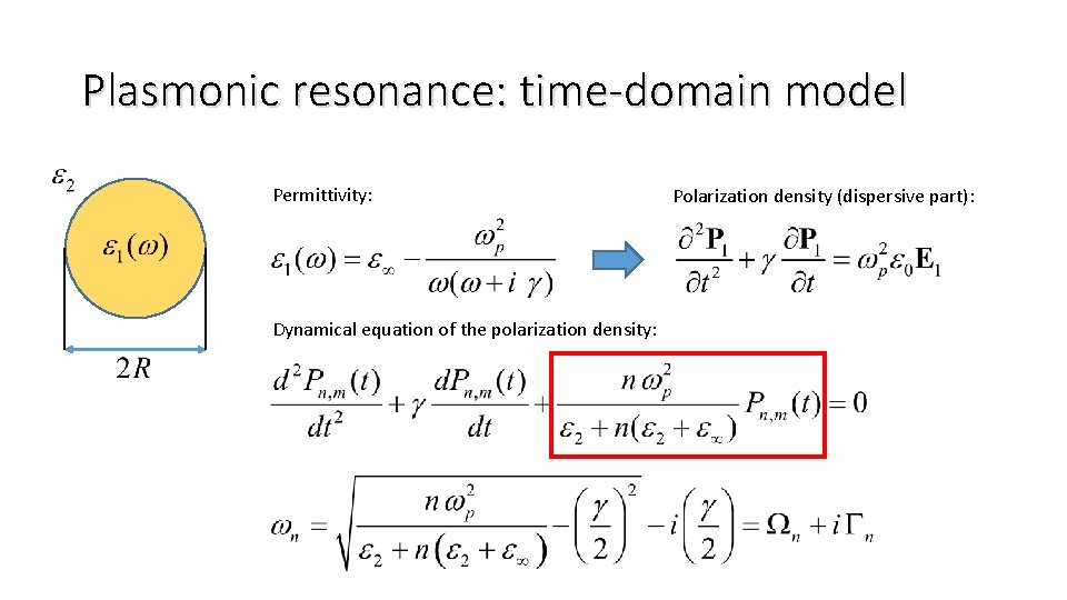 Plasmonic resonance: time-domain model Permittivity: Dynamical equation of the polarization density: Polarization density (dispersive
