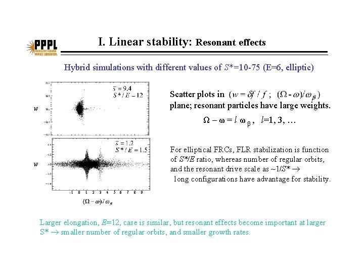 I. Linear stability: Resonant effects Hybrid simulations with different values of S*=10 -75 (E=6,