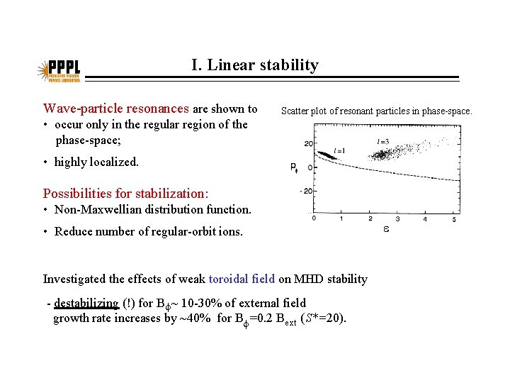 I. Linear stability Wave-particle resonances are shown to Scatter plot of resonant particles in