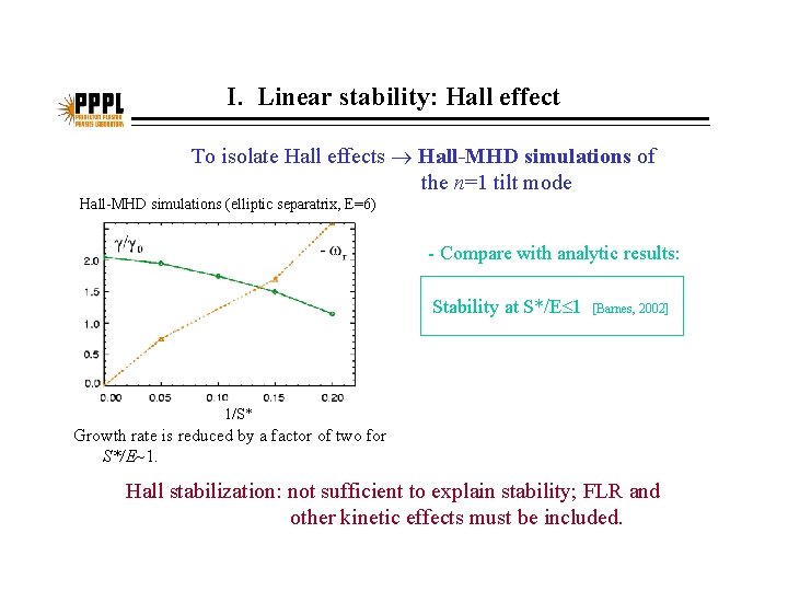 I. Linear stability: Hall effect To isolate Hall effects Hall-MHD simulations of the n=1