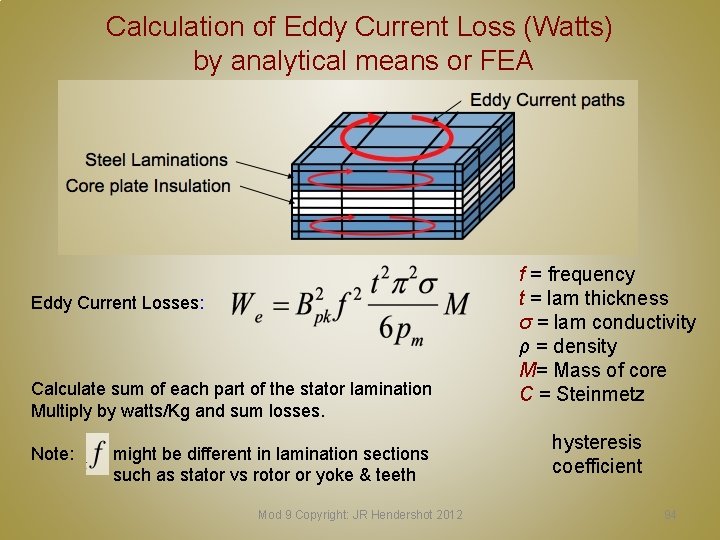 Calculation of Eddy Current Loss (Watts) by analytical means or FEA Eddy Current Losses: